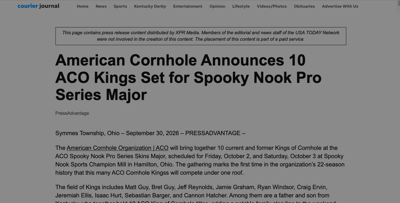 American Cornhole Announces 10 ACO Kings Set for Spooky Nook Pro Series Major